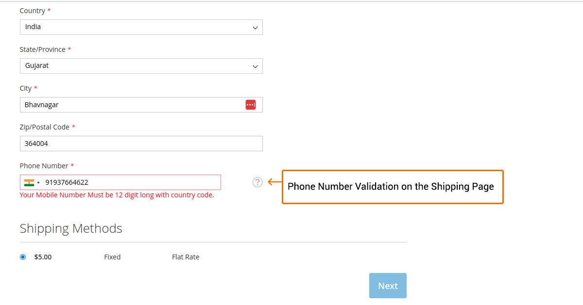 Phone number validation on shipping page