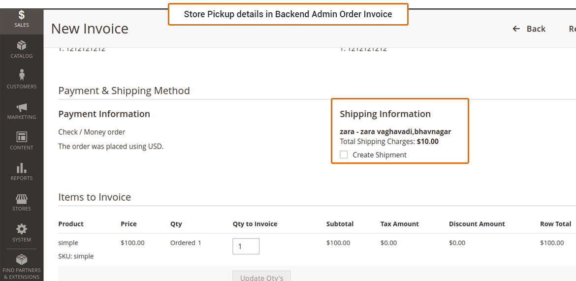 Store Pickup details in Backend Admin Order Invoice