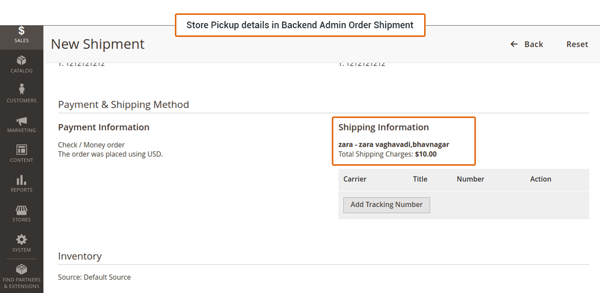 Store Pickup details in Backend Admin Order Shipment