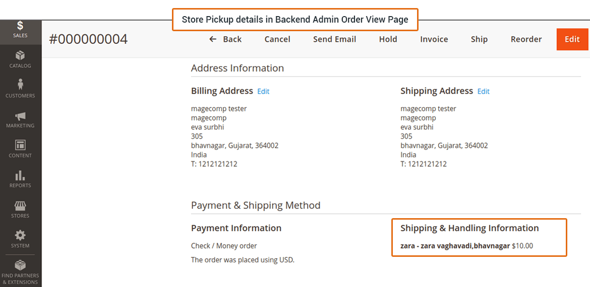 Store Pickup details in Backend Admin Order View Page