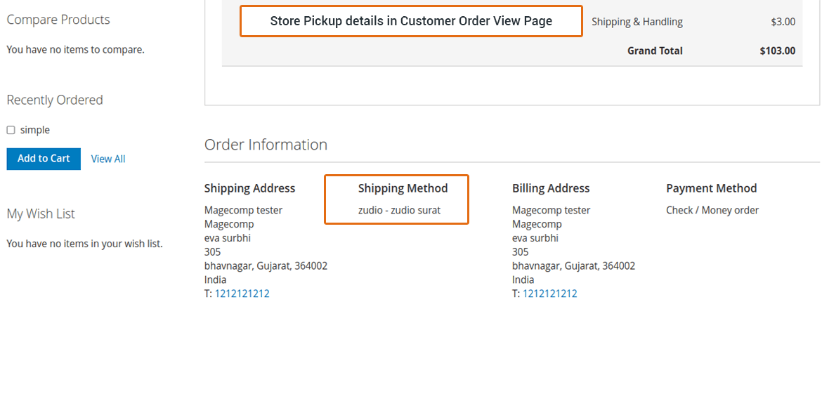 Store Pickup details in Customer Order View Page